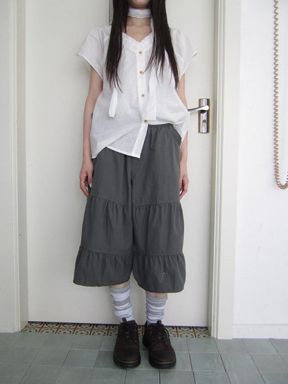 ang project Retro Korean Pleated Tulip Hem Elastic Waist Lantern Wide Leg Women&