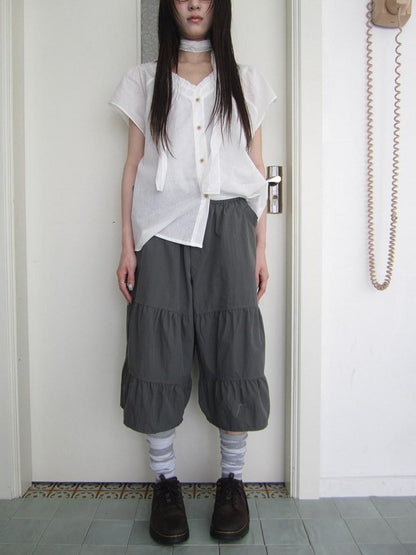 ang project Retro Korean Pleated Tulip Hem Elastic Waist Lantern Wide Leg Women&