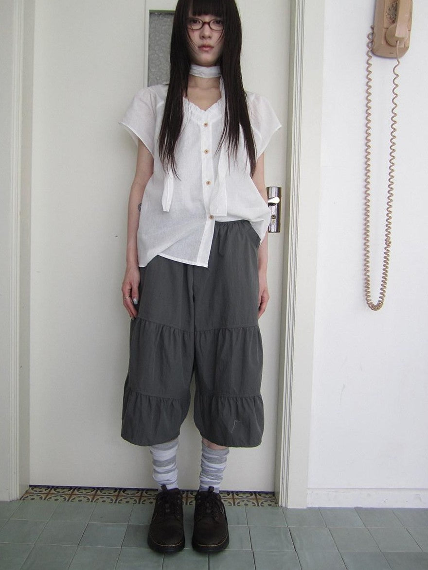 ang project Retro Korean Pleated Tulip Hem Elastic Waist Lantern Wide Leg Women&