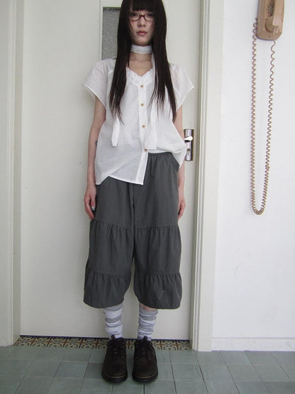 ang project Retro Korean Pleated Tulip Hem Elastic Waist Lantern Wide Leg Women&