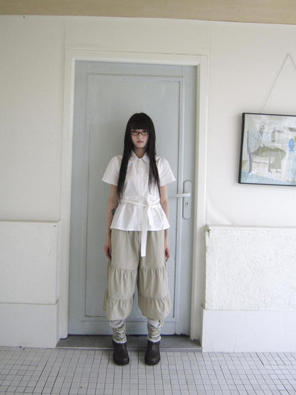 ang project Retro Korean Pleated Tulip Hem Elastic Waist Lantern Wide Leg Women&