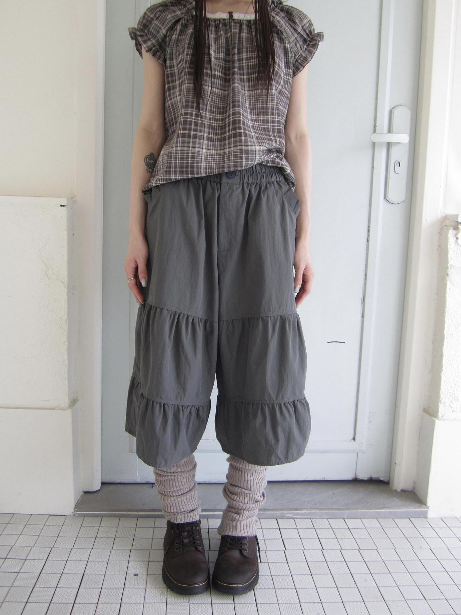 ang project Retro Korean Pleated Tulip Hem Elastic Waist Lantern Wide Leg Women&