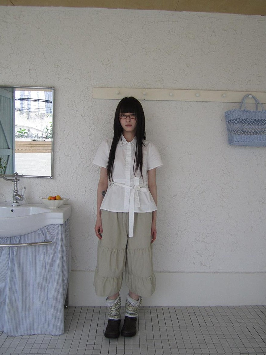 ang project Retro Korean Pleated Tulip Hem Elastic Waist Lantern Wide Leg Women&
