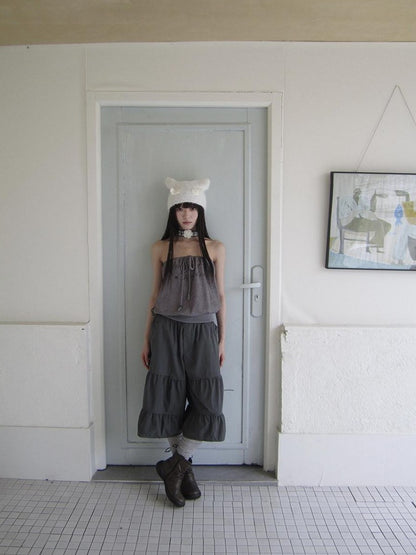 ang project Retro Korean Pleated Tulip Hem Elastic Waist Lantern Wide Leg Women&