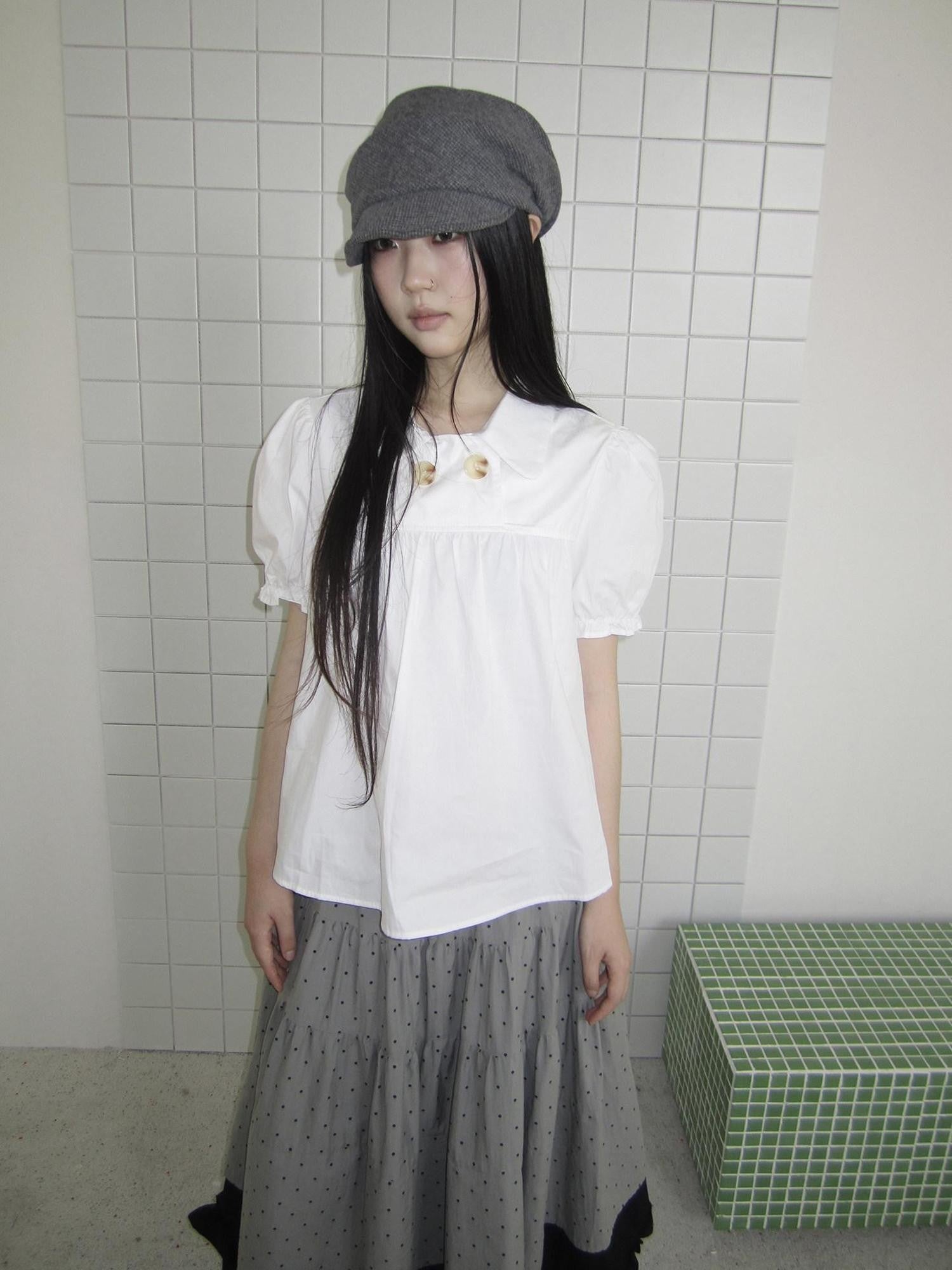 ang project Retro Korean Puff Sleeve Lapel Collar Loose Solid Women&