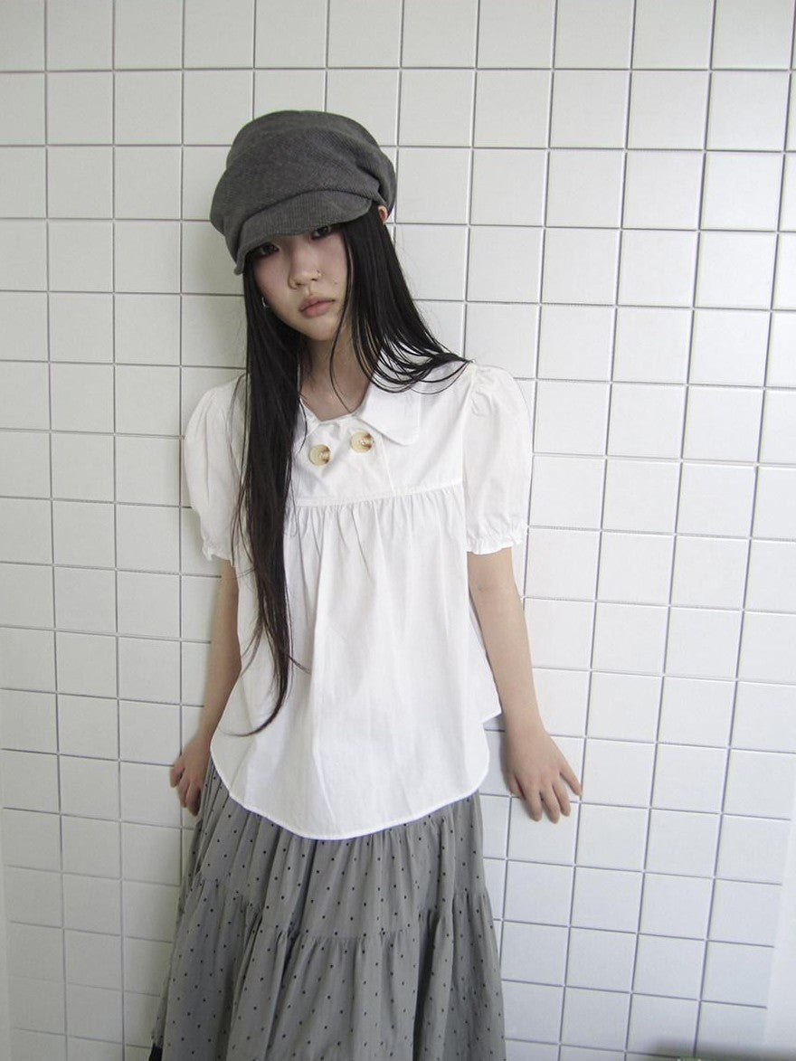 ang project Retro Korean Puff Sleeve Lapel Collar Loose Solid Women&