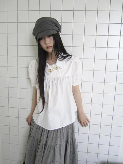 ang project Retro Korean Puff Sleeve Lapel Collar Loose Solid Women&