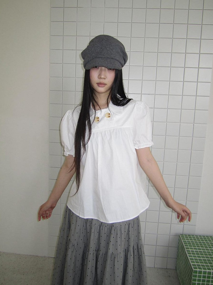 ang project Retro Korean Puff Sleeve Lapel Collar Loose Solid Women&