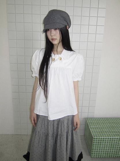 ang project Retro Korean Puff Sleeve Lapel Collar Loose Solid Women&