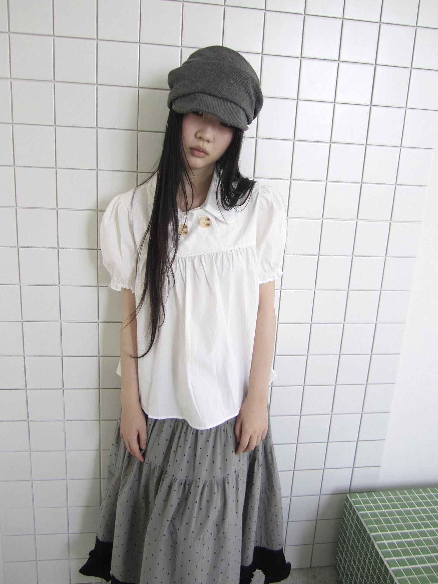 ang project Retro Korean Puff Sleeve Lapel Collar Loose Solid Women&
