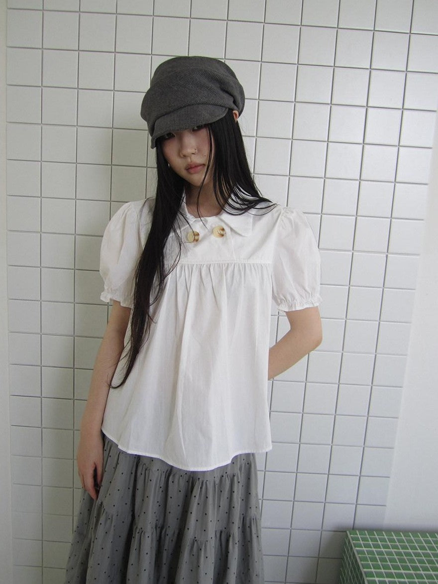 ang project Retro Korean Puff Sleeve Lapel Collar Loose Solid Women&
