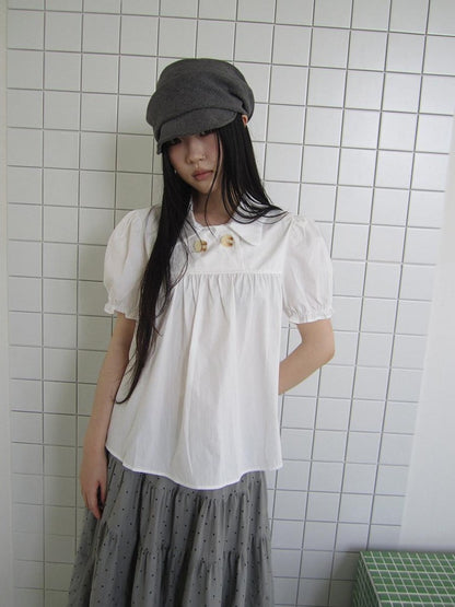 ang project Retro Korean Puff Sleeve Lapel Collar Loose Solid Women&