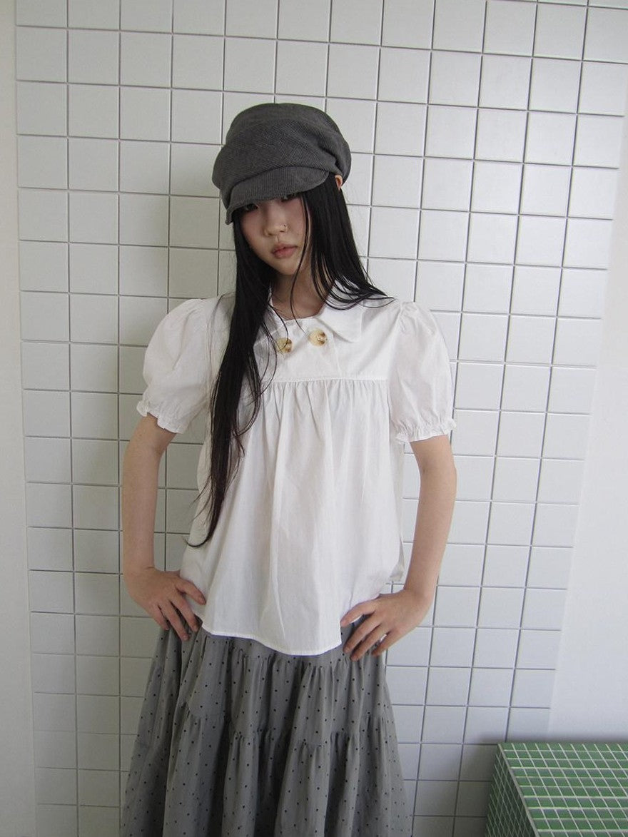 ang project Retro Korean Puff Sleeve Lapel Collar Loose Solid Women&