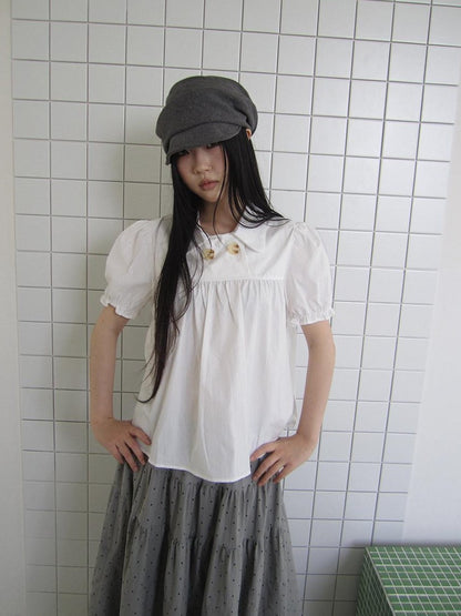 ang project Retro Korean Puff Sleeve Lapel Collar Loose Solid Women&