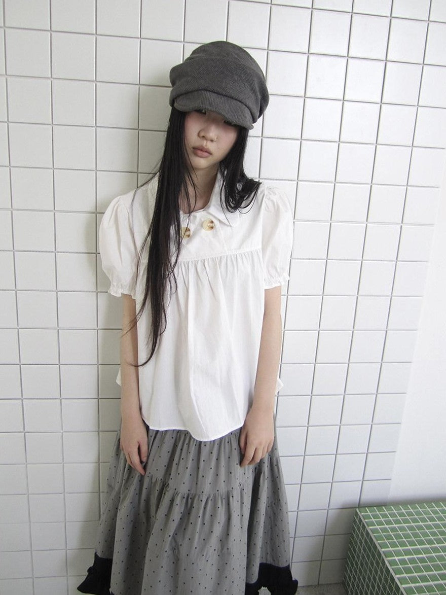 ang project Retro Korean Puff Sleeve Lapel Collar Loose Solid Women&
