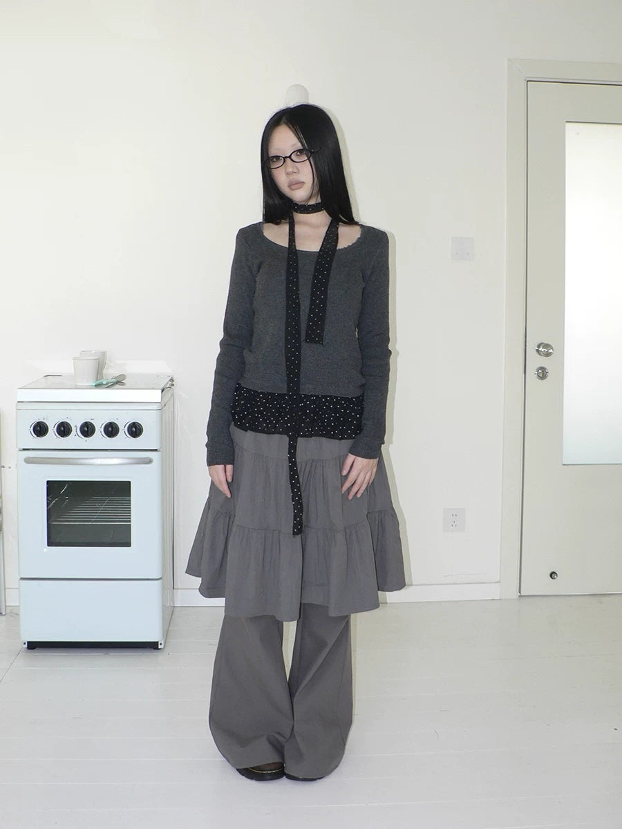 ang project Retro Minimalist Gray Spliced Skort Straight Leg Natural Waist One Size Pants
