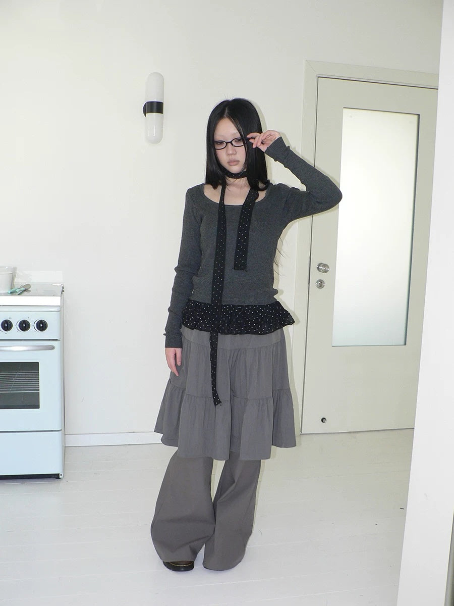 ang project Retro Minimalist Gray Spliced Skort Straight Leg Natural Waist One Size Pants