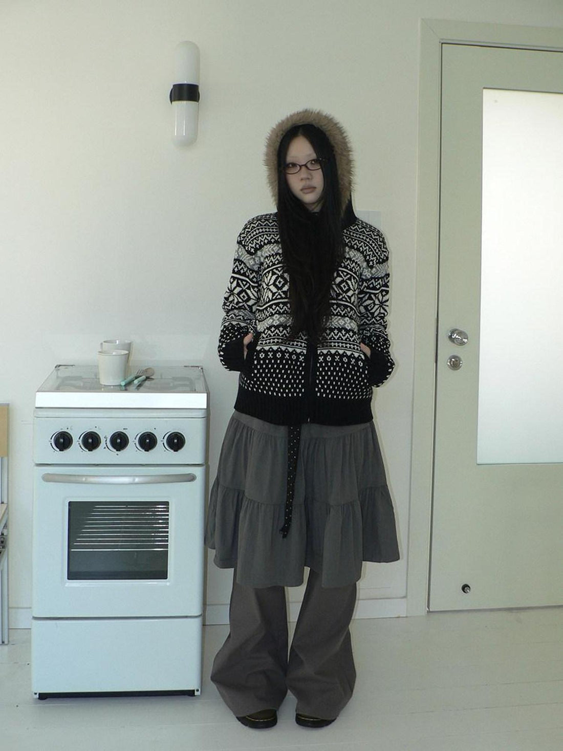 ang project Retro Minimalist Gray Spliced Skort Straight Leg Natural Waist One Size Pants