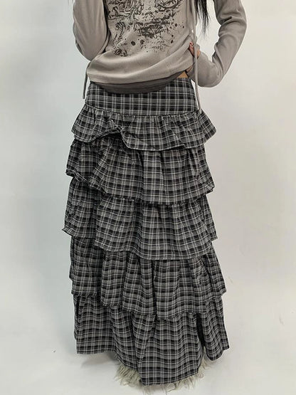 Retro Plaid Layered A Line Cake Skirt