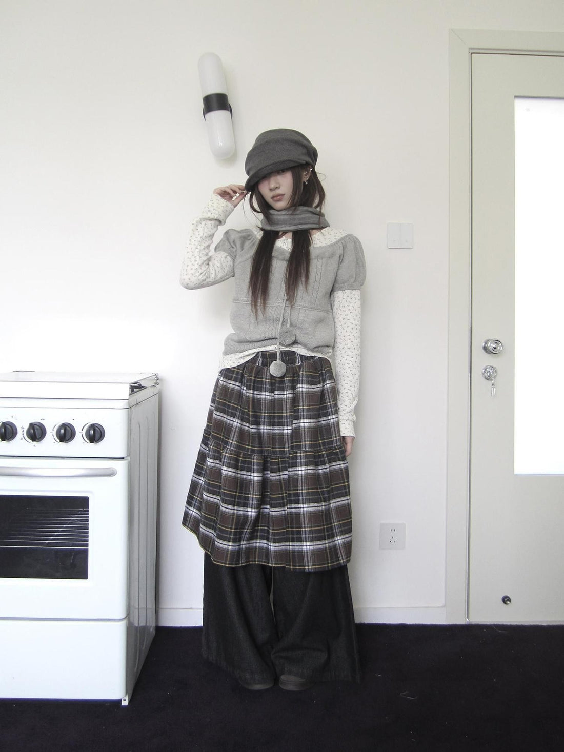 ang project Retro Plaid Patchwork Faux Layered Elastic Waist Women&