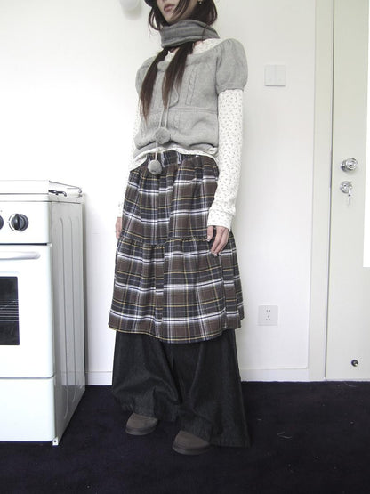 ang project Retro Plaid Patchwork Faux Layered Elastic Waist Women&