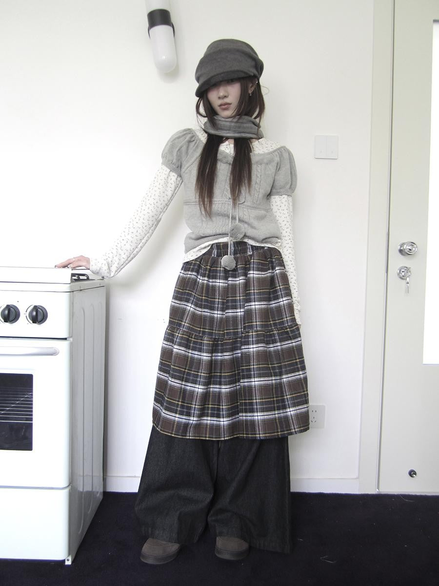 ang project Retro Plaid Patchwork Faux Layered Elastic Waist Women&