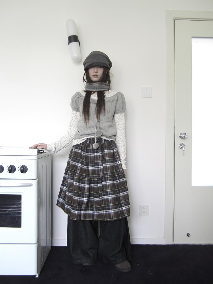 ang project Retro Plaid Patchwork Faux Layered Elastic Waist Women&