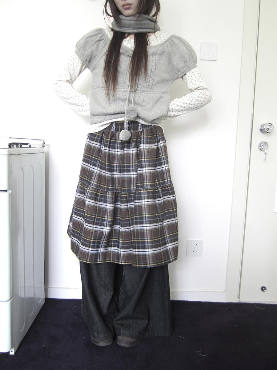 ang project Retro Plaid Patchwork Faux Layered Elastic Waist Women&