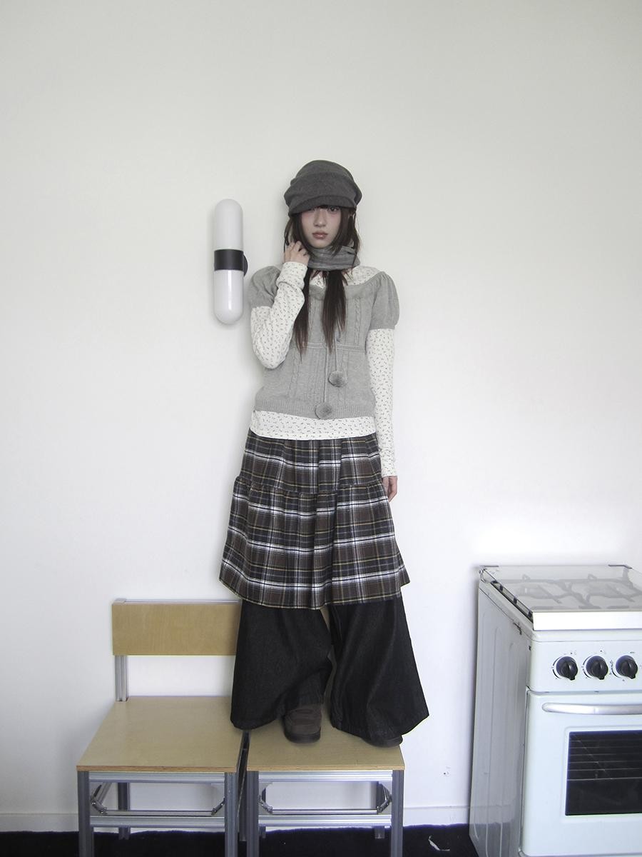 ang project Retro Plaid Patchwork Faux Layered Elastic Waist Women&