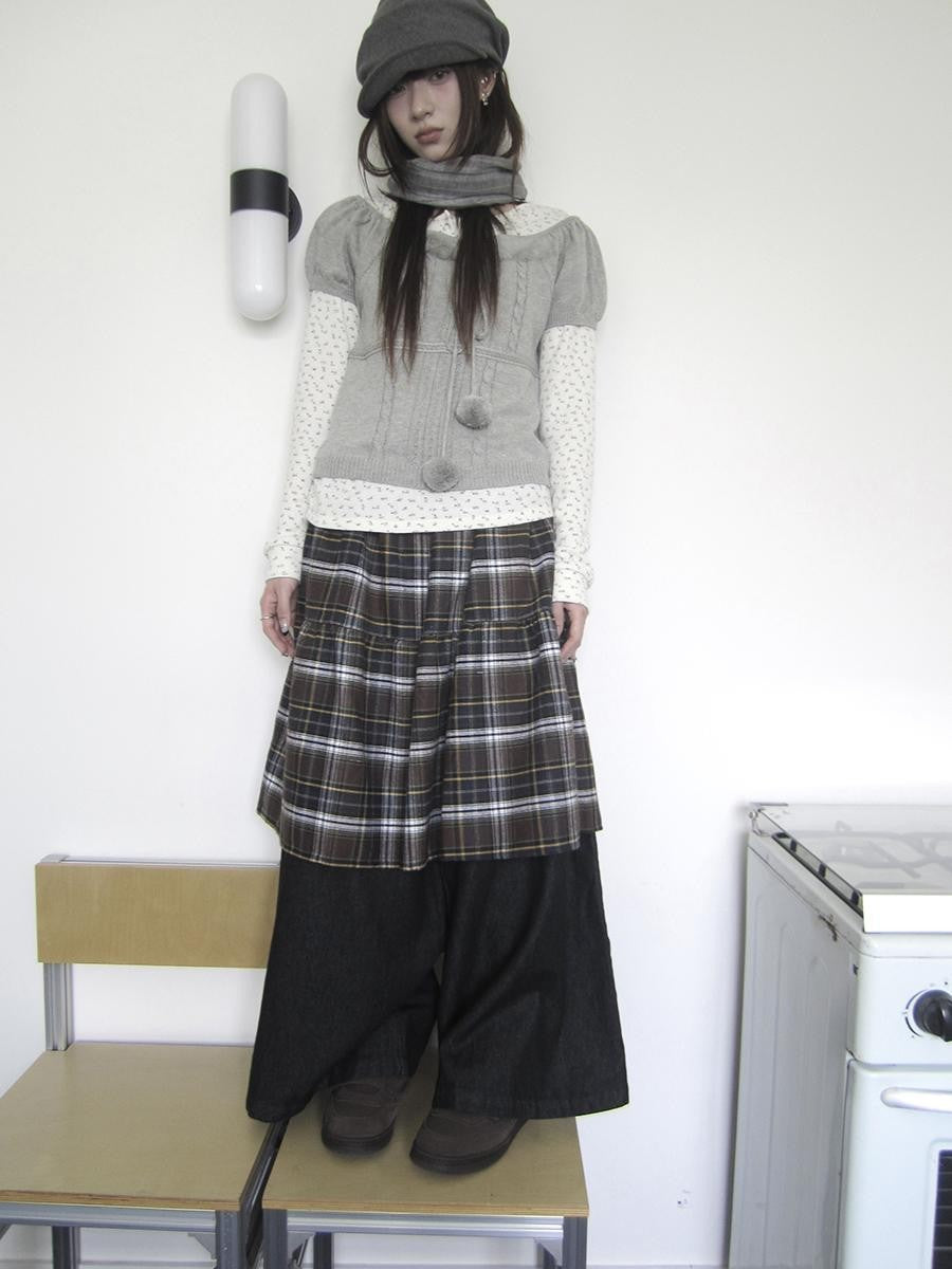 ang project Retro Plaid Patchwork Faux Layered Elastic Waist Women&