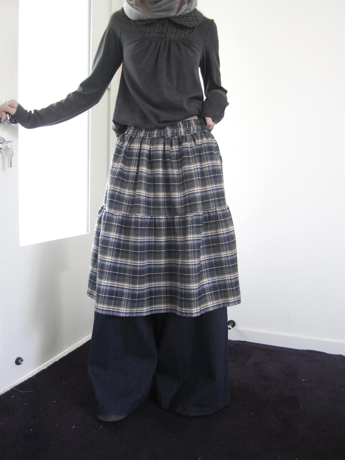ang project Retro Plaid Patchwork Faux Layered Elastic Waist Women&