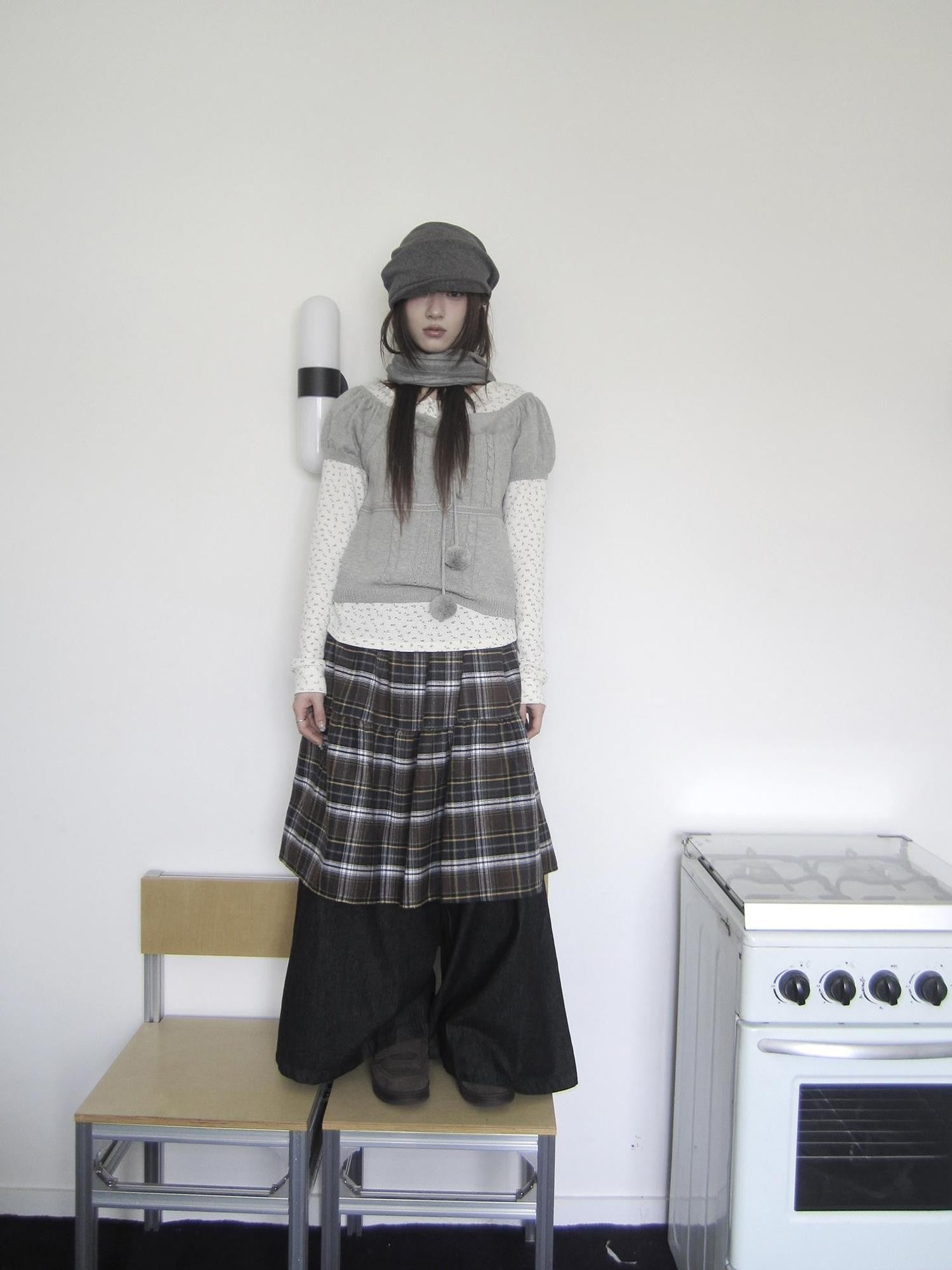 ang project Retro Plaid Patchwork Faux Layered Elastic Waist Women&