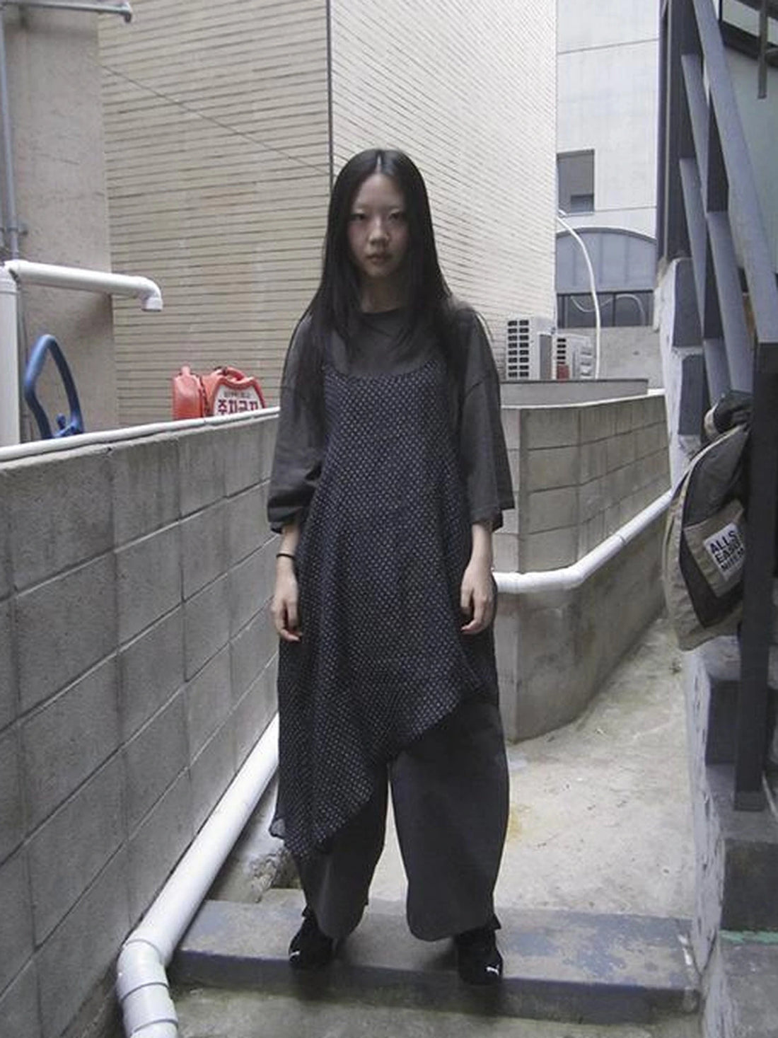 Retro Polka Dot Print Asymmetrical Layered Slip Dress V-neck Long-Sleeve