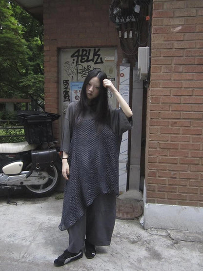 Retro Polka Dot Print Asymmetrical Layered Slip Dress V-neck Long-Sleeve