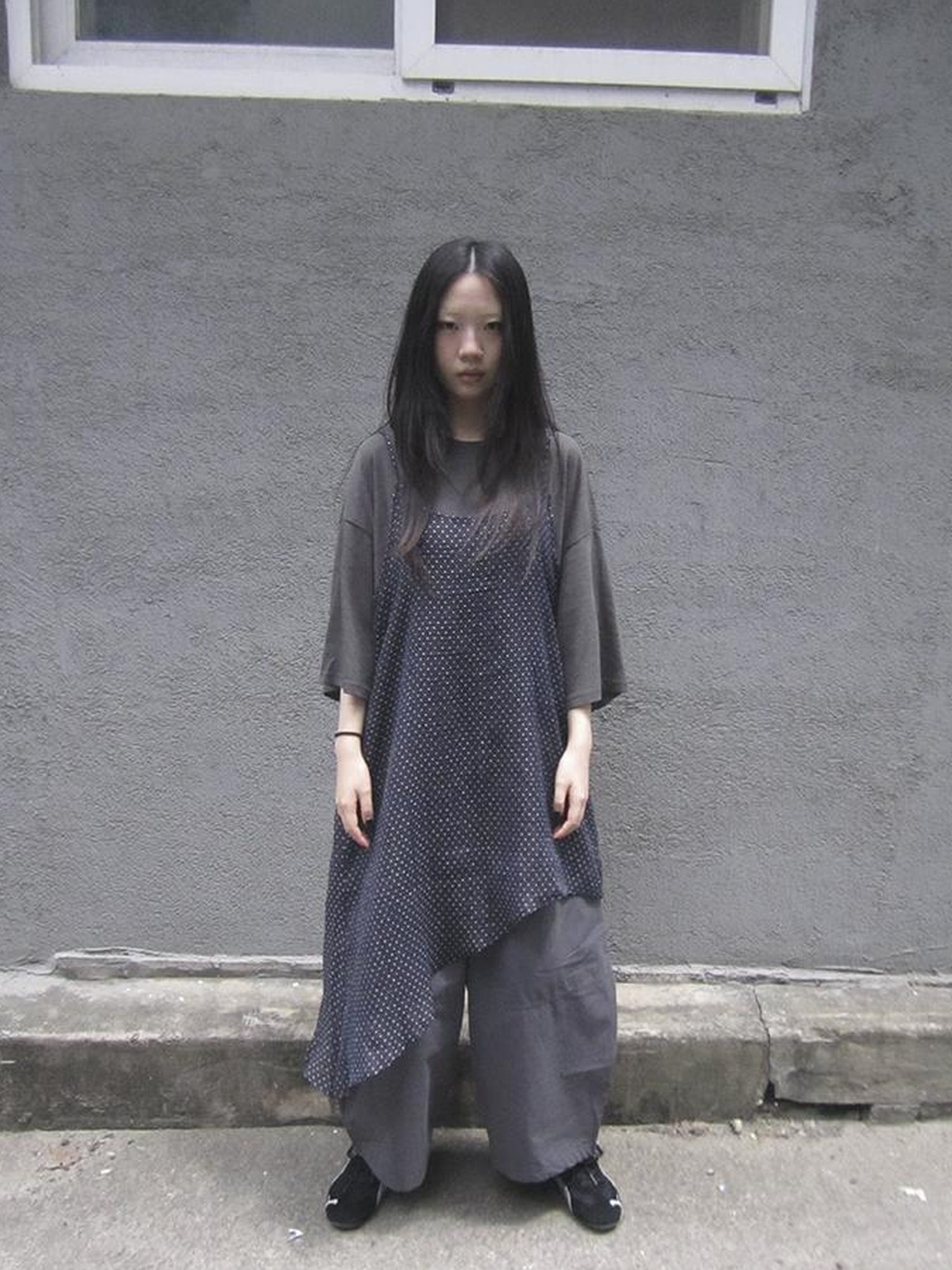 ang project Retro Polka Dot Print Asymmetrical Layered Slip Dress V-neck Long-Sleeve