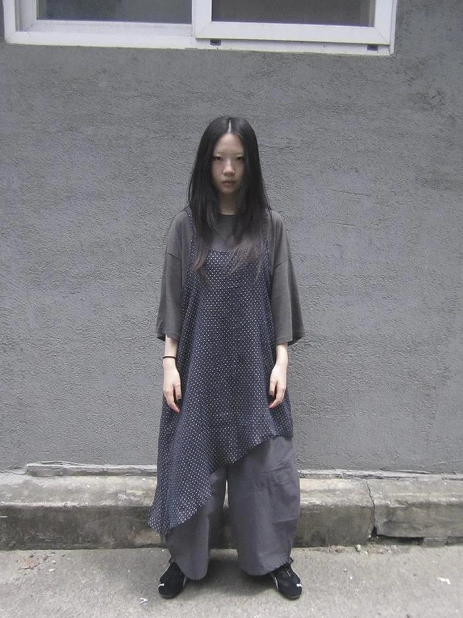 Retro Polka Dot Print Asymmetrical Layered Slip Dress V-neck Long-Sleeve