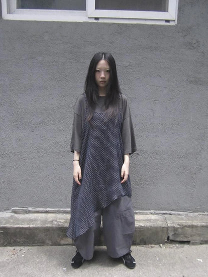 Retro Polka Dot Print Asymmetrical Layered Slip Dress V-neck Long-Sleeve