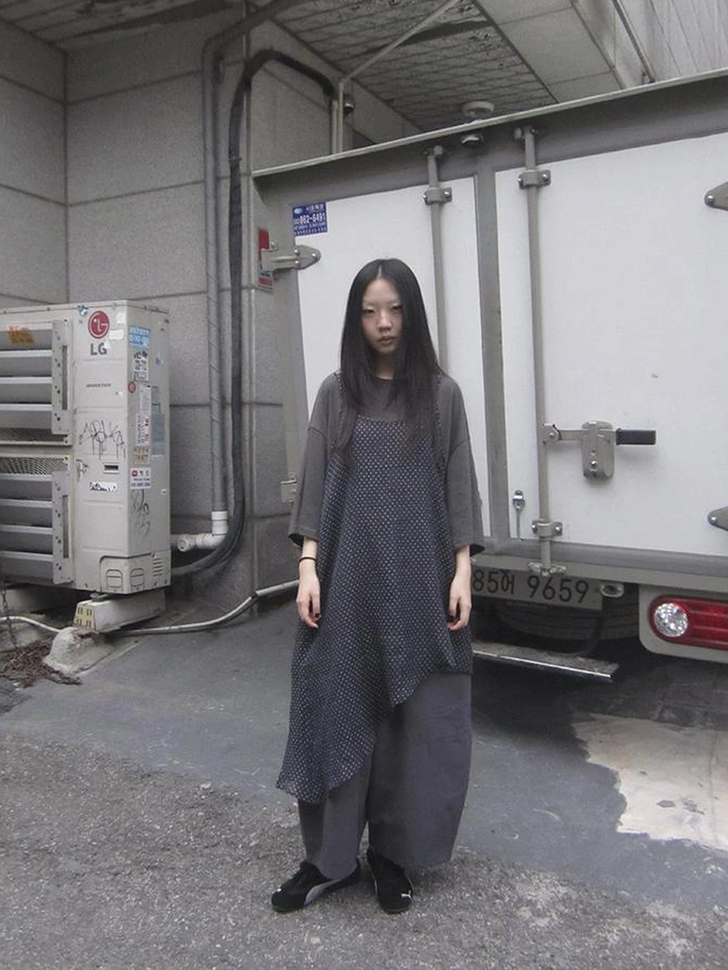 Retro Polka Dot Print Asymmetrical Layered Slip Dress V-neck Long-Sleeve