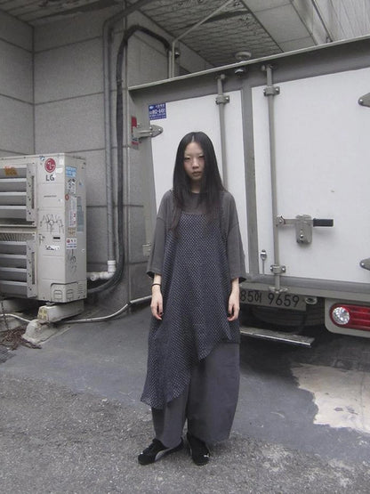 Retro Polka Dot Print Asymmetrical Layered Slip Dress V-neck Long-Sleeve