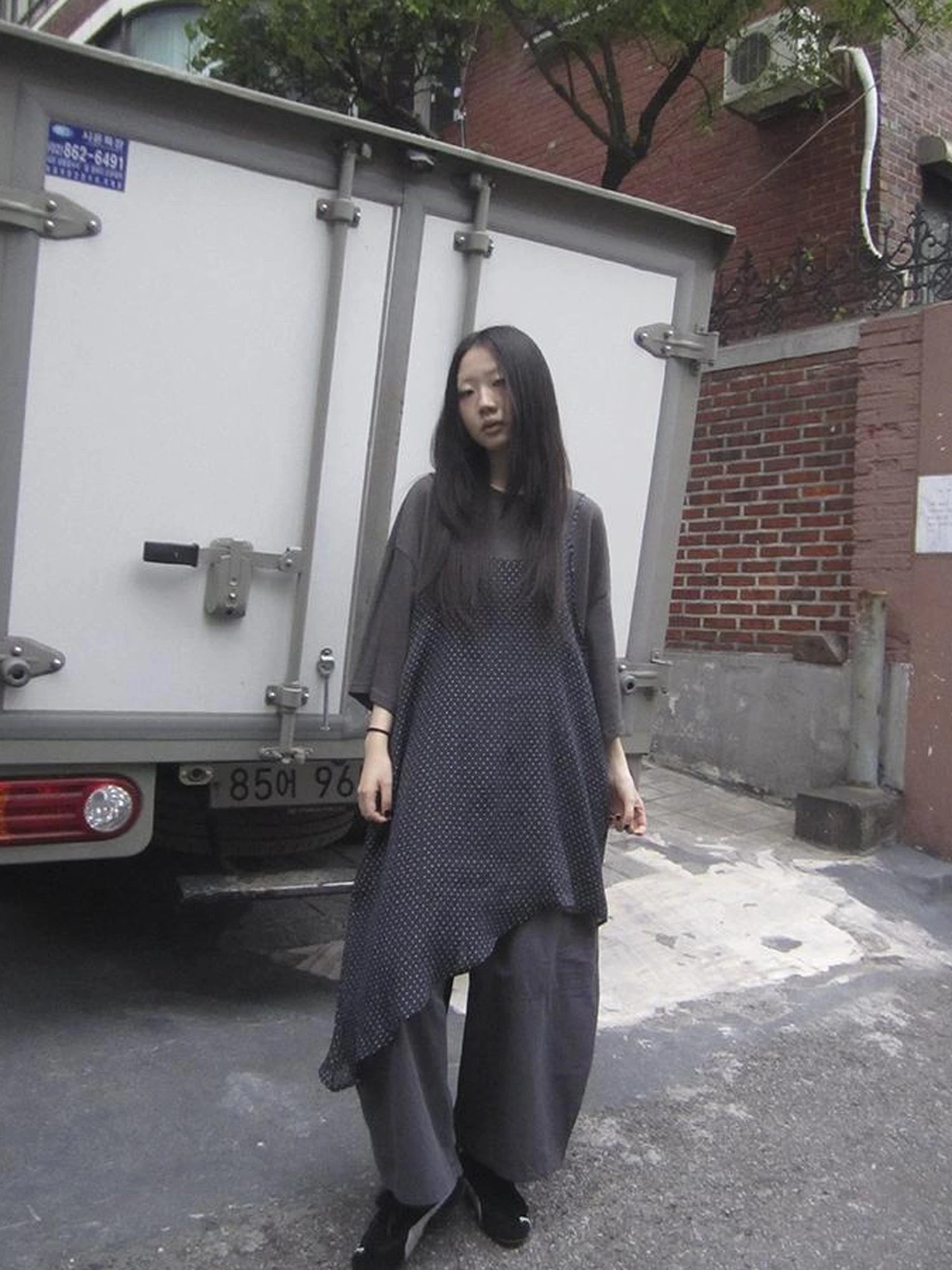 Retro Polka Dot Print Asymmetrical Layered Slip Dress V-neck Long-Sleeve