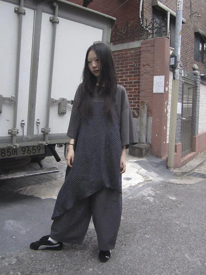 Retro Polka Dot Print Asymmetrical Layered Slip Dress V-neck Long-Sleeve