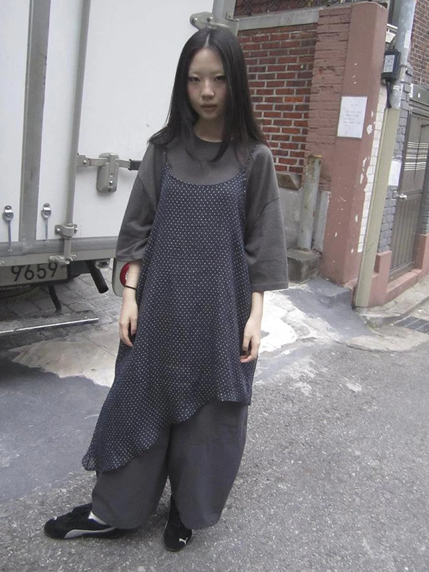 Retro Polka Dot Print Asymmetrical Layered Slip Dress V-neck Long-Sleeve