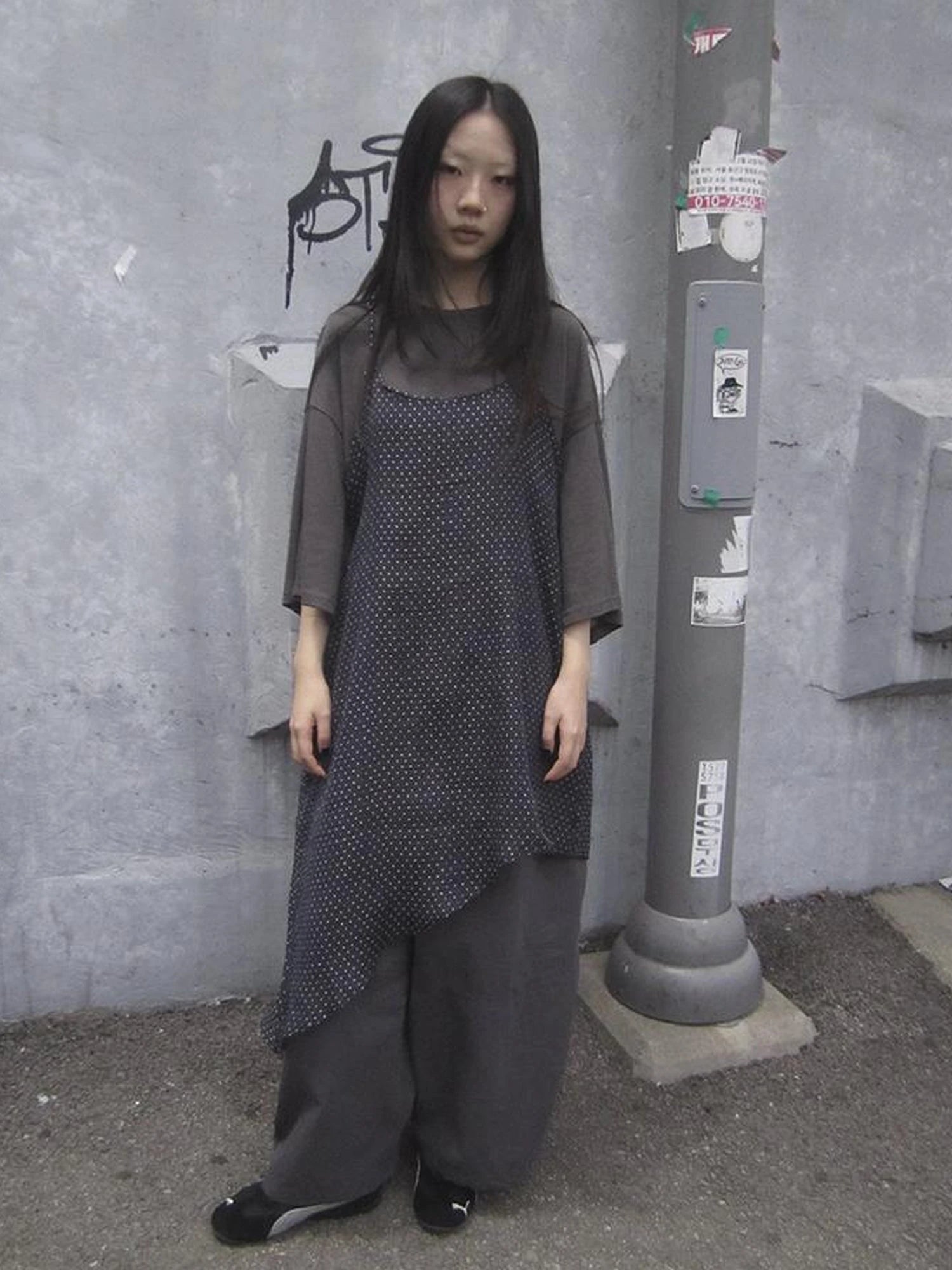 Retro Polka Dot Print Asymmetrical Layered Slip Dress V-neck Long-Sleeve