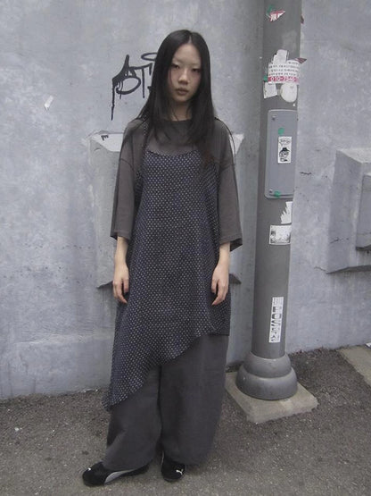 Retro Polka Dot Print Asymmetrical Layered Slip Dress V-neck Long-Sleeve