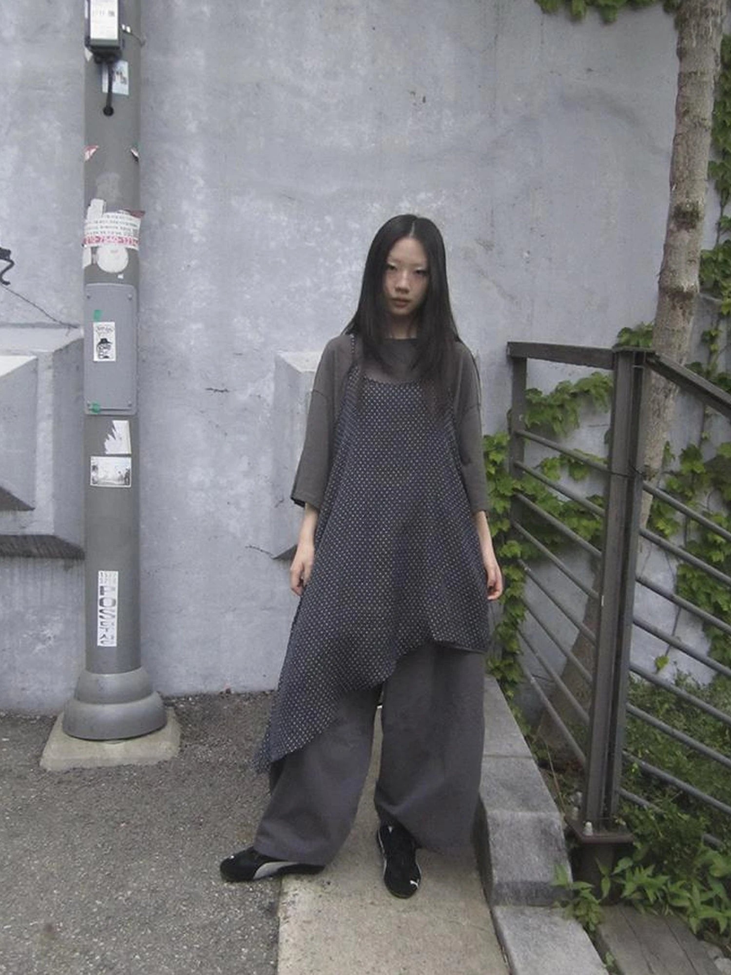 Retro Polka Dot Print Asymmetrical Layered Slip Dress V-neck Long-Sleeve