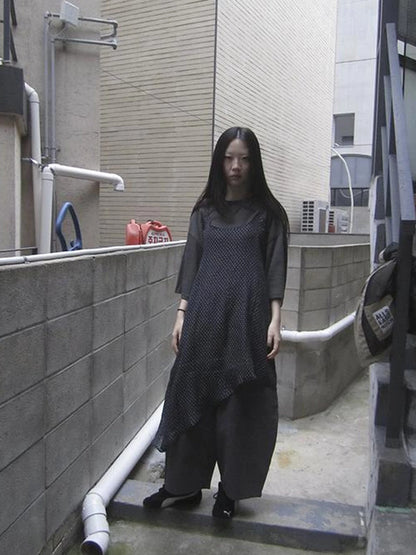 Retro Polka Dot Print Asymmetrical Layered Slip Dress V-neck Long-Sleeve