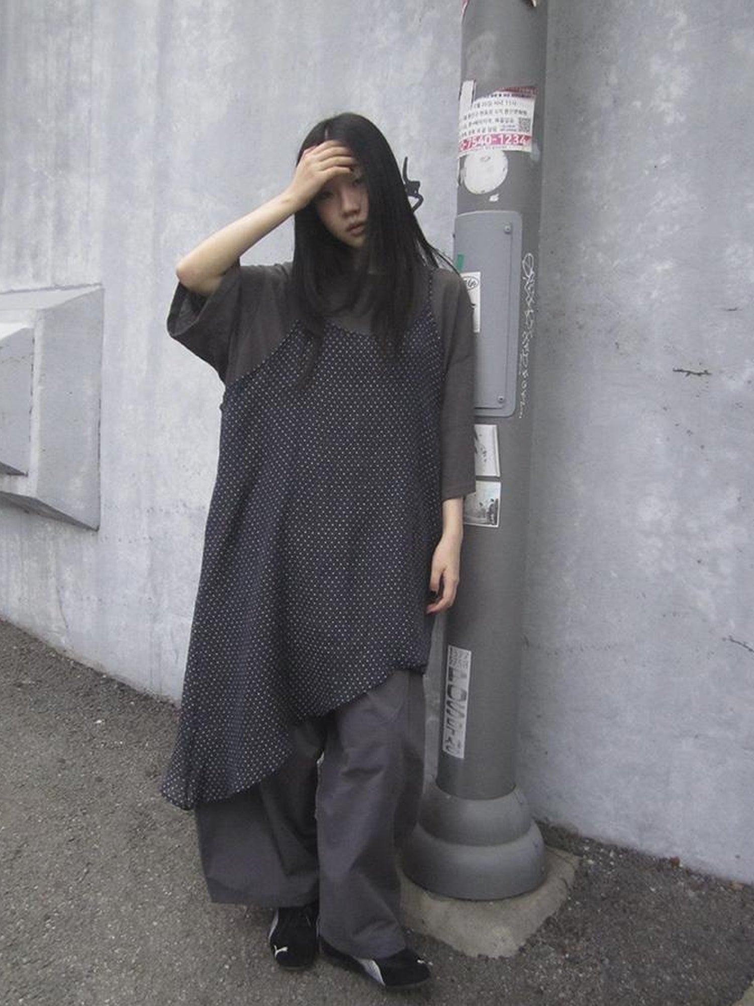 ang project Retro Polka Dot Print Asymmetrical Layered Slip Dress V-neck Long-Sleeve