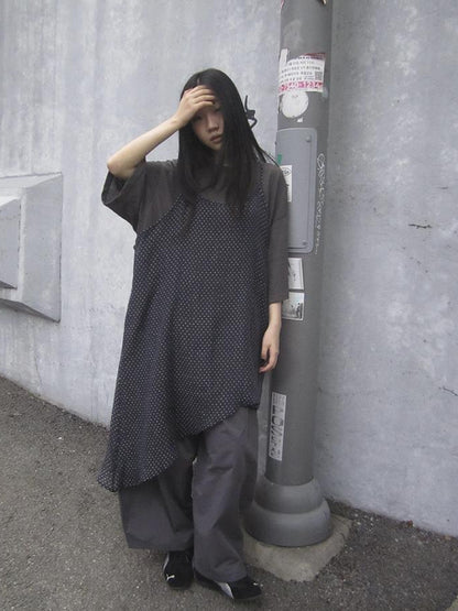 ang project Retro Polka Dot Print Asymmetrical Layered Slip Dress V-neck Long-Sleeve