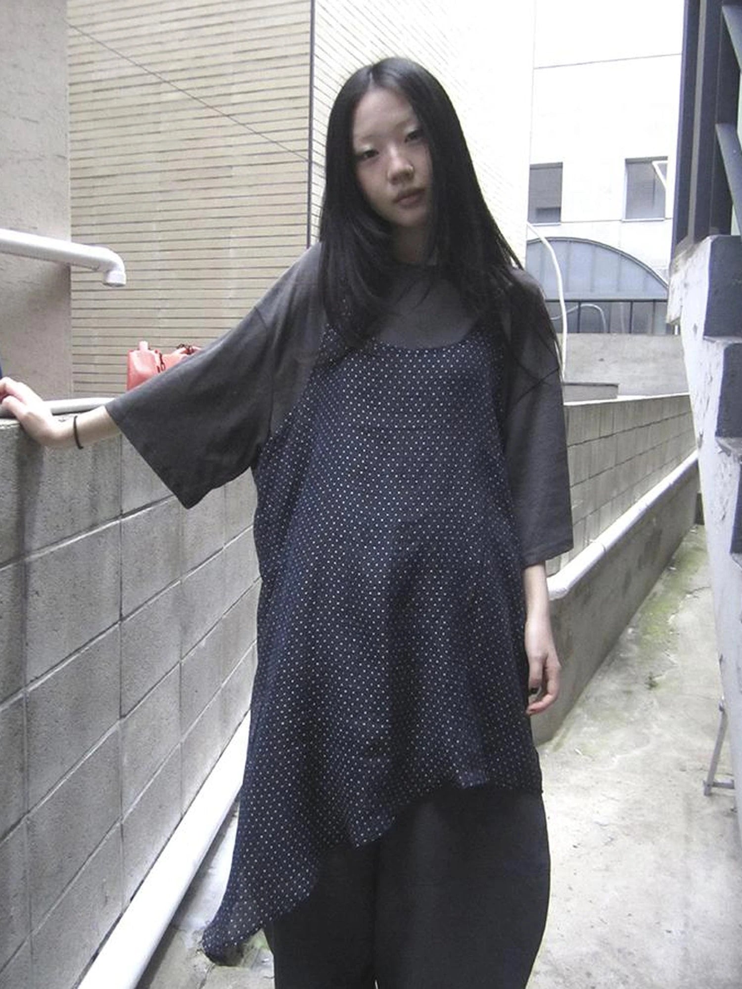 Retro Polka Dot Print Asymmetrical Layered Slip Dress V-neck Long-Sleeve