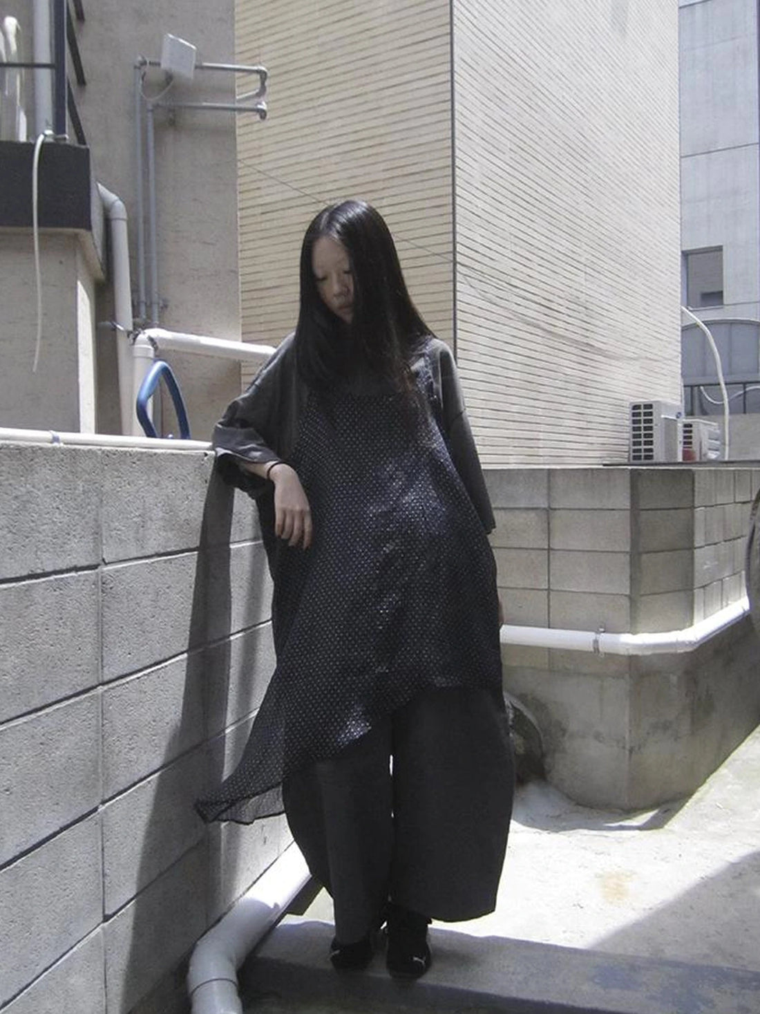 Retro Polka Dot Print Asymmetrical Layered Slip Dress V-neck Long-Sleeve